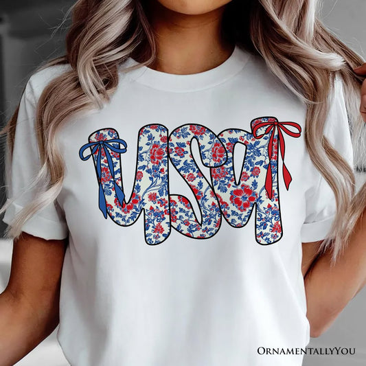 Floral USA Patriotic T-Shirt, 4th of July White, Natural and Black Tee for Stylish Women