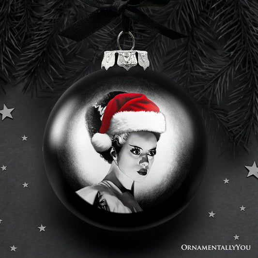Frankenstein's Bride Christmas Spooky Portrait Glass Ornament, Black Horror Halloween Tree Decoration