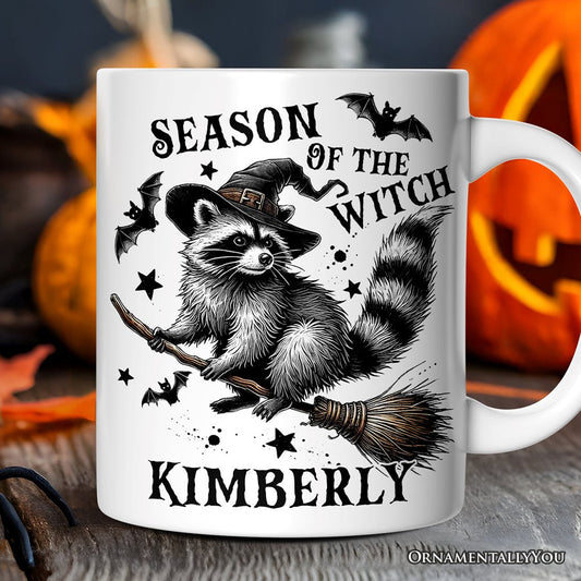 Funny Racoon Witch with Broom Personalized Mug, Vintage Halloween Gift with Custom Name