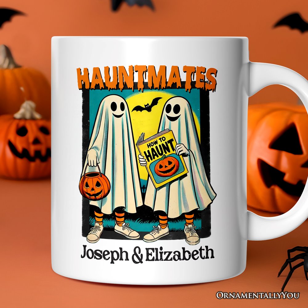 Funny Retro Ghosts Hauntmates Personalized Mug, Vintage Best Friend Halloween Gift with Custom Names