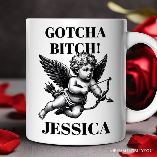 Funny Valentine's Day Cupid Personalized Mug, Vintage Sarcastic Gift With Custom Name