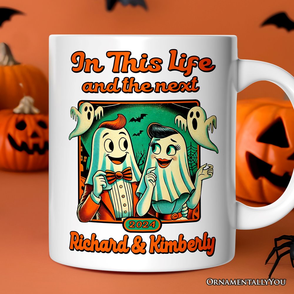 Retro Ghost Lovers Through Next Lives, Personalized Mug, Vintage Halloween Custom Gift for Couples