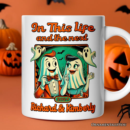 Retro Ghost Lovers Through Next Lives, Personalized Mug, Vintage Halloween Custom Gift for Couples