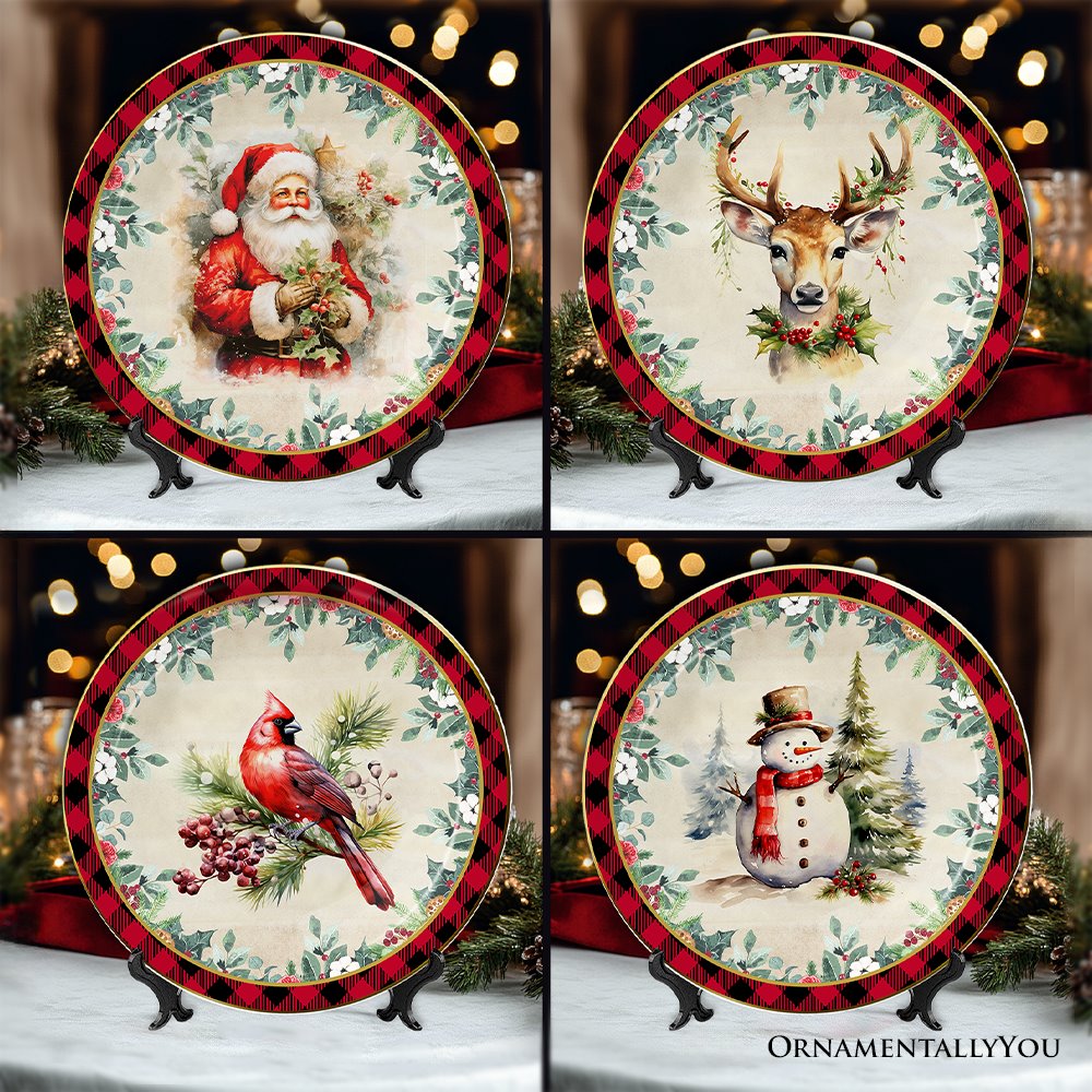 Decor Steals Special - Holiday Cheer Set of 4 Plates with Real Gold Plaid Trim, Christmas Tableware Collection for Salad, Dessert, Appetizer, and Side Plates