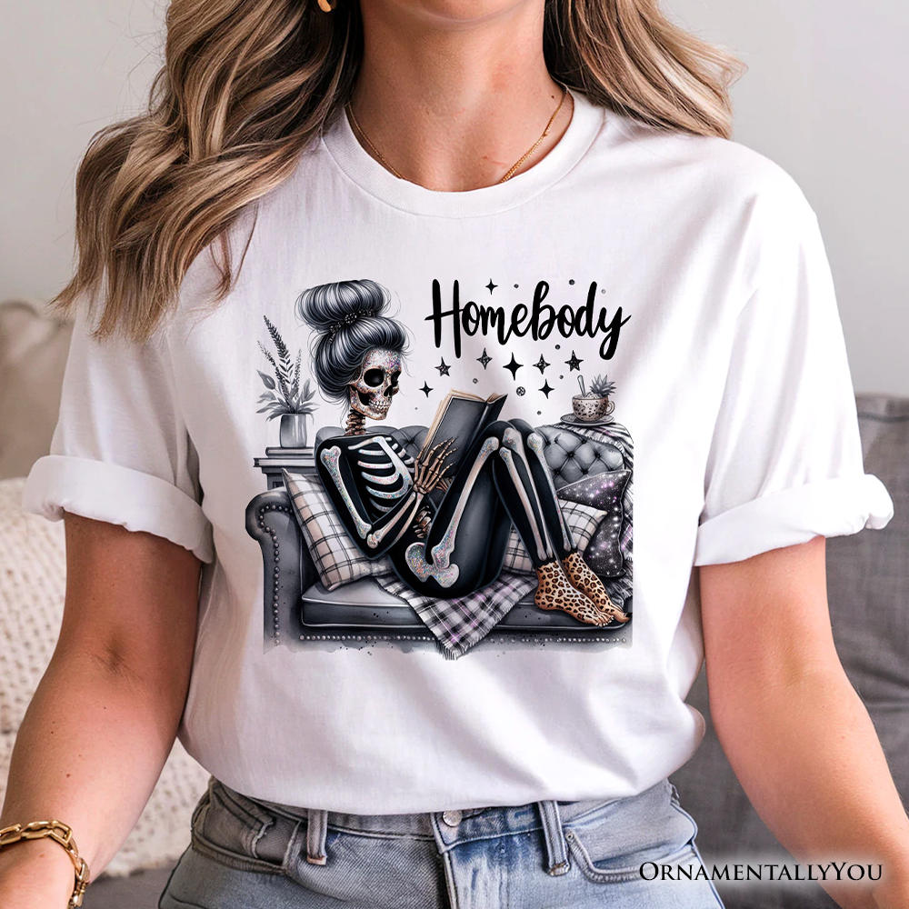 Homebody Reading Skeleton T-Shirt, Funny Lazy Selfcare Tee for Introvert Women