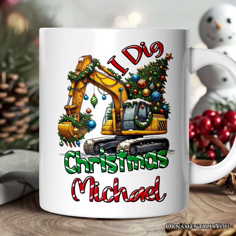 I Dig Christmas Personalized Mug, Christmas Kids Excavator Gifts with Custom Name