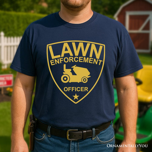 Lawn Enforcement Officer T-Shirt, Funny Badge Style Navy and Black Tee for Lawn Mower Gardener Dad
