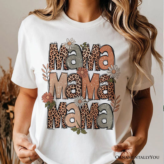 Leopard Mama Floral Retro T-Shirt, White and Natural Trendy Women's Tee with Wildflower Accents