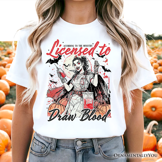 Licensed to Draw Blood Halloween Nurse T-Shirt, Groovy Tee for Spooky Season