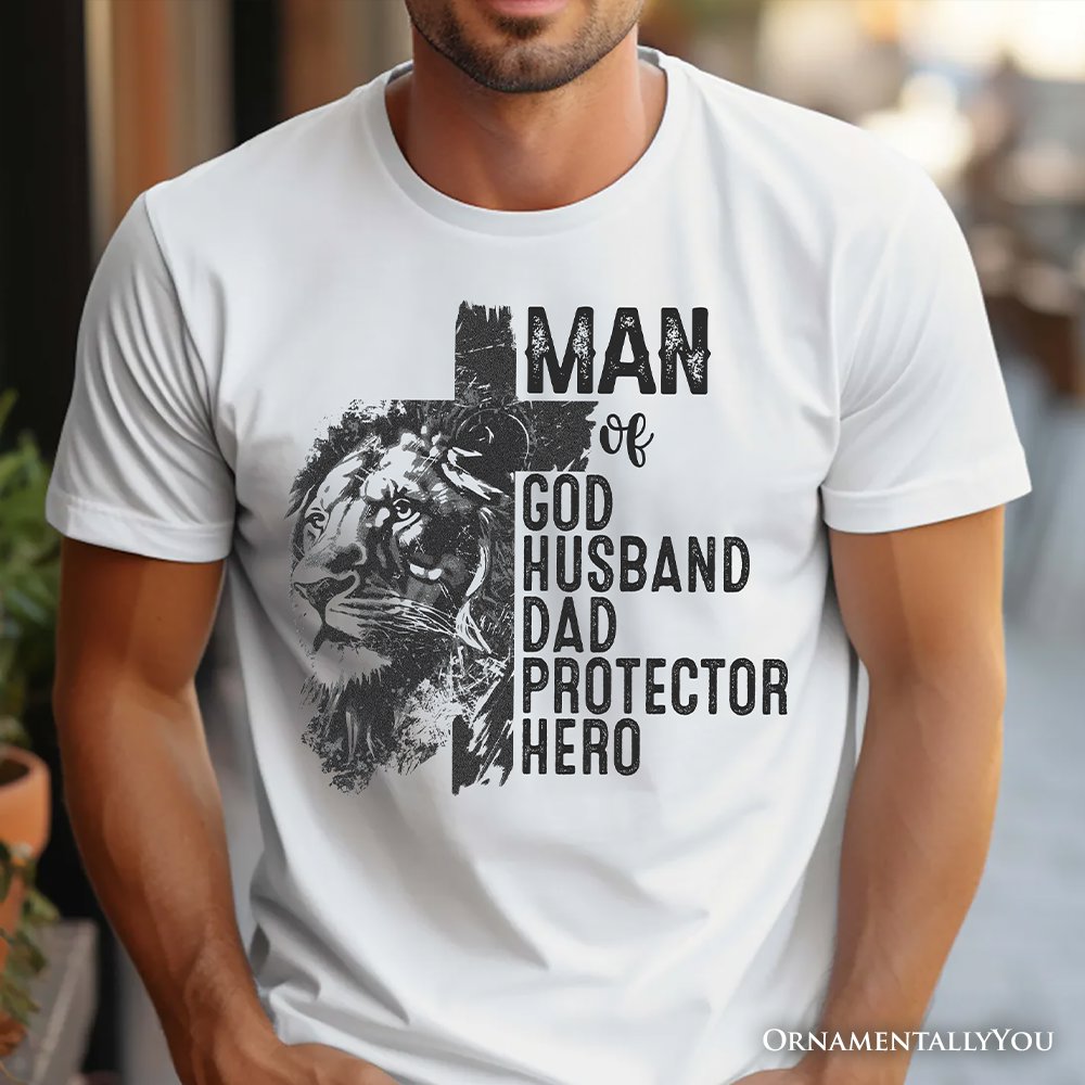 Man of God Lion Cross T-Shirt, White Tee for Faithful and Christian Fathers