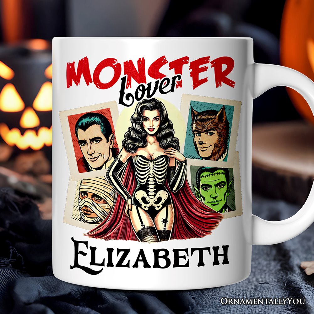 Monster Lover Personalized Halloween Mug, Horror Characters Retro Gift for Women with Custom Name