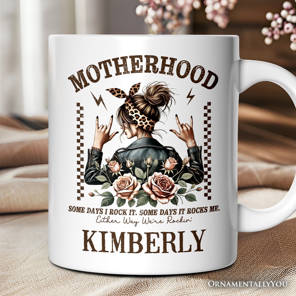 Motherhood Mama Rock Personalized Mug, Retro Gift for Strong Moms With Custom Name