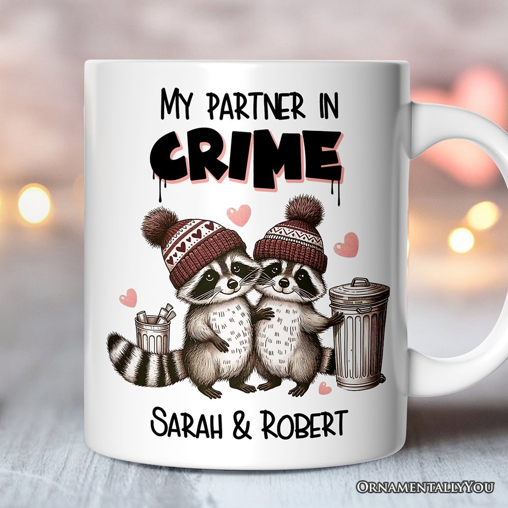 My Partner in Crime Love Racoons Personalized Mug For Couple, Funny Vintage Retro Gift With Custom Names
