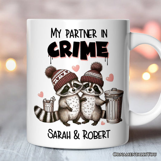My Partner in Crime Love Racoons Personalized Mug For Couple, Funny Vintage Retro Gift With Custom Names