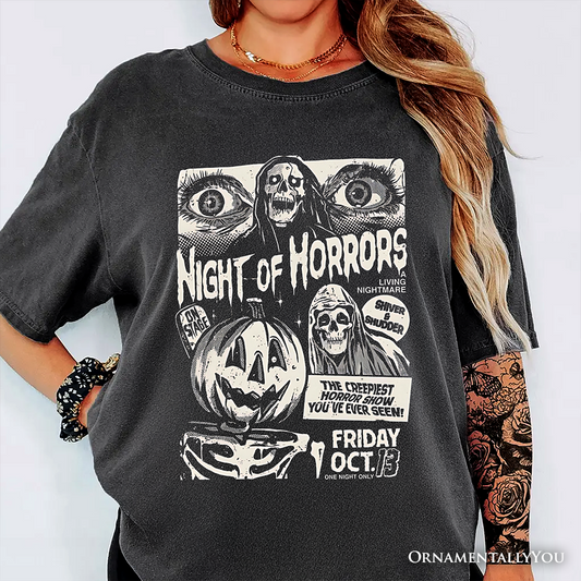Night of Horrors Retro Halloween T-Shirt, Vintage Poster Tee for Spooky Season Fans