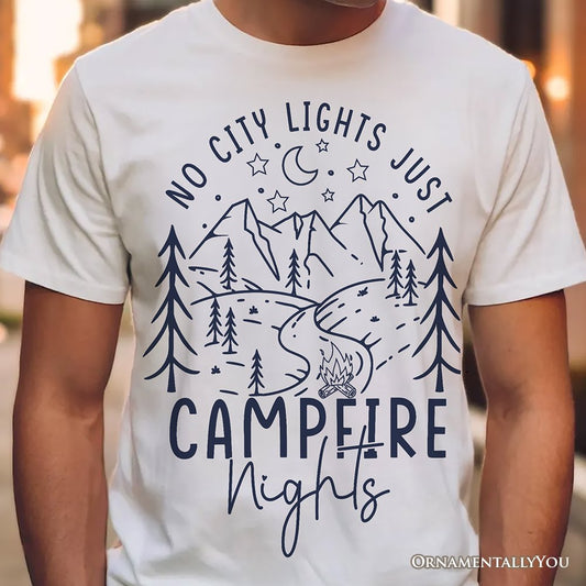 No City Lights Just Campfire Nights T-Shirt, White and Natural Camping Tee for Stargazing Campers