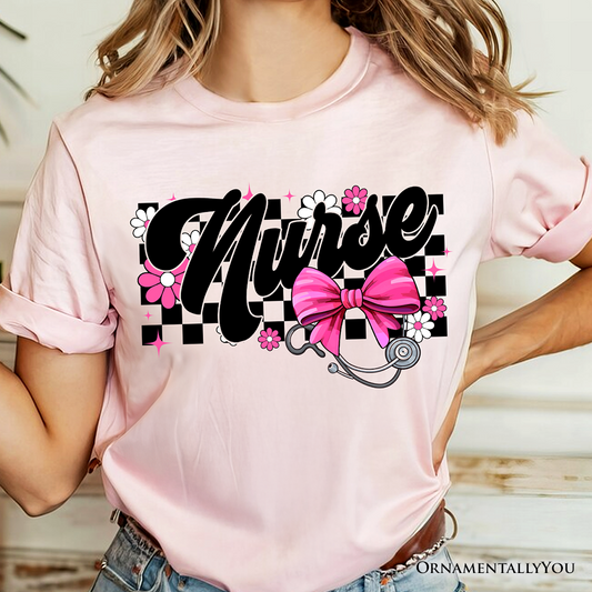 Nurse Floral Coquette Pink Bow T-Shirt, Retro Stethoscope Checkered Tee