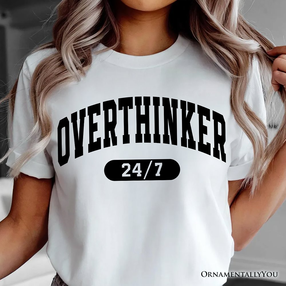 Over Thinker 247 T-Shirt, Minimalist Collegiate White, Natural and Black Tee for Tired Women