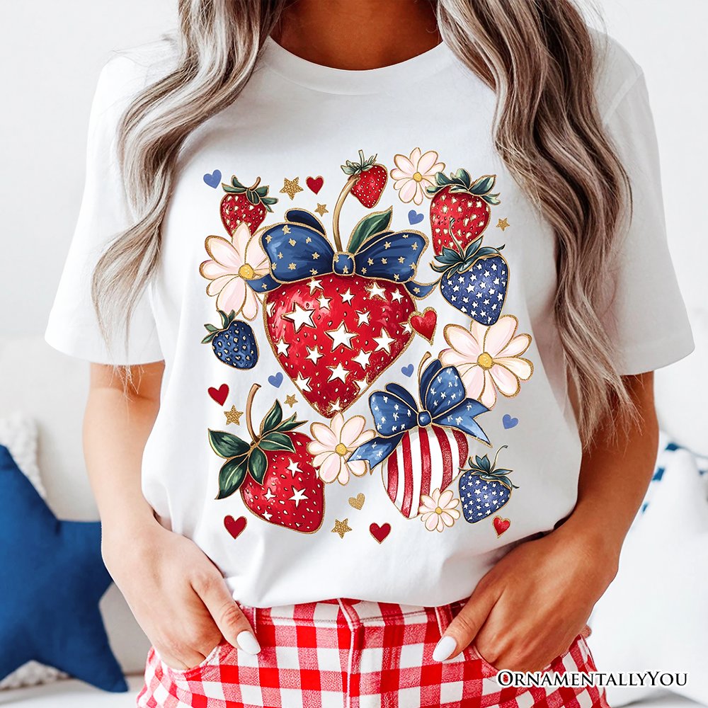 Patriotic Boho Strawberries Bouquet T-Shirt, 4th of July Festive Patch Tee