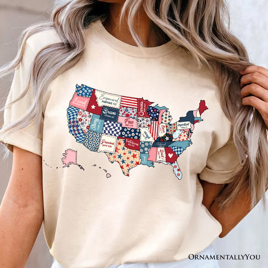 Patriotic Patchwork USA T-Shirt, Quilted Map Tee for Americana Fans