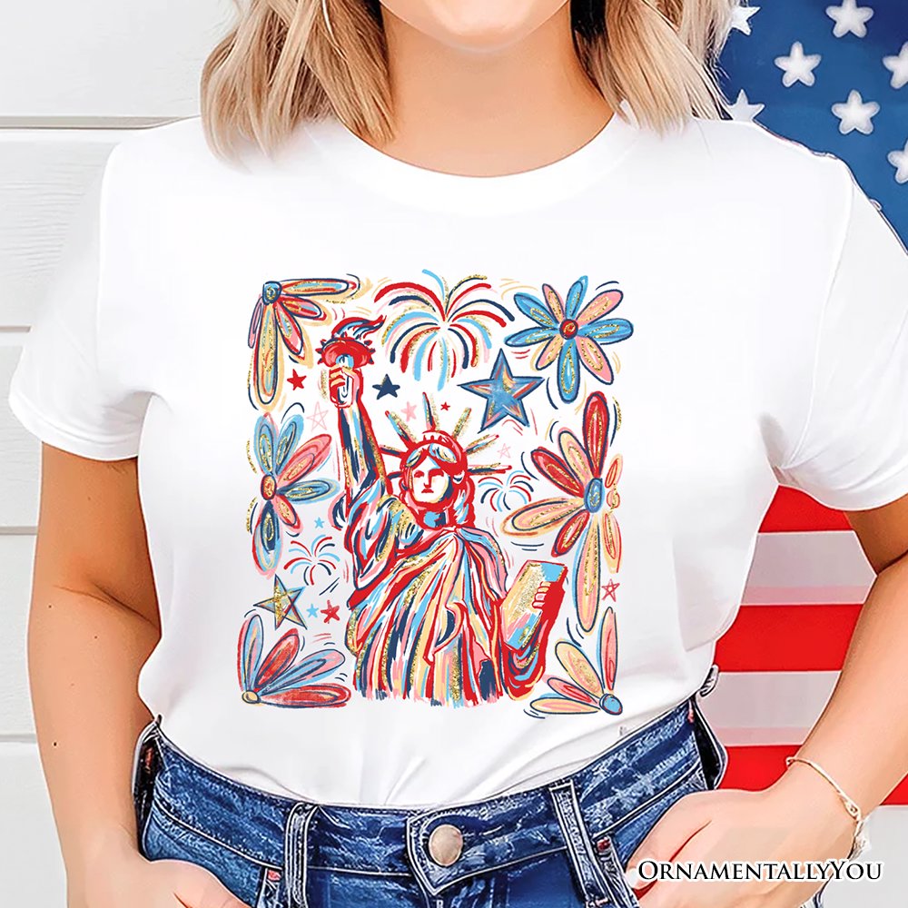 Patriotic Statue of Liberty and Fireworks T-Shirt, Festive 4th of July Tee