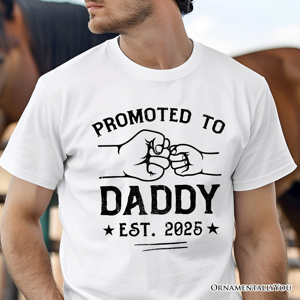 Promoted to Daddy Est. 2025 T-Shirt, Black and White New Dad Pregnancy Announcement Tee