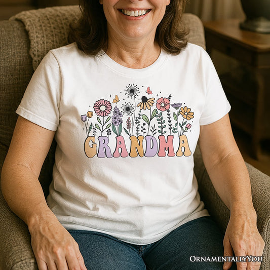 Retro Flowers Grandma T-Shirt, White Floral Tee Gift for Mothers Day