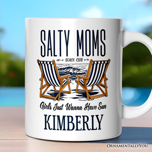 Salty Moms Beach Club Personalized Mug, Retro Summer Cool Mothers Gift With Custom Name