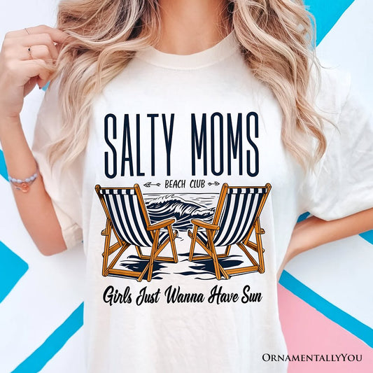 Salty Moms Beach Club T-Shirt, Retro White Tee for Cool Summer Mothers