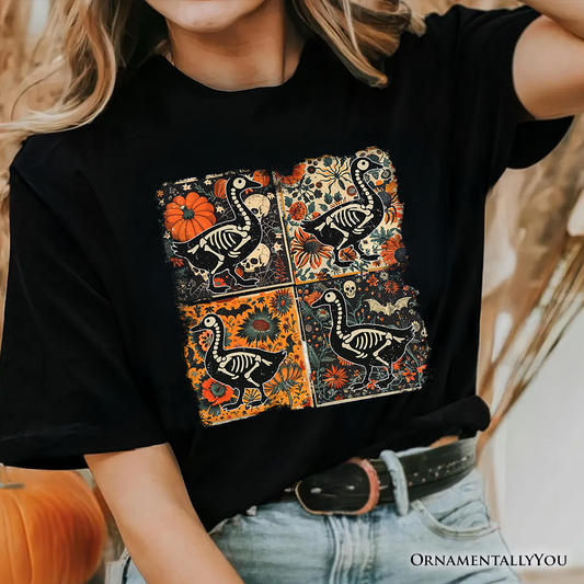 Skeleton Goose Patchwork T-Shirt, Floral Halloween Tee for The Spooky Season