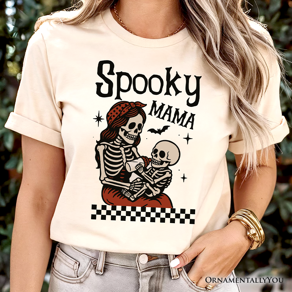 Spooky Mama Skeleton Halloween T-Shirt, Momster Retro Checkered Tee With Boo Vibes