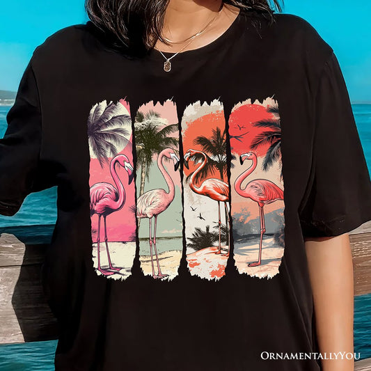 Summer Flamingo Beach T-Shirt, Retro Vacation Black Tropical Sunset Tee