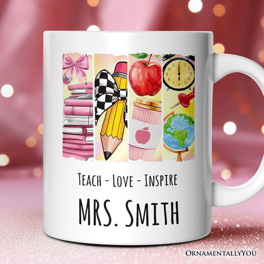 Teach Love Inspire Personalized Mug, Watercolor Teacher Gift with Custom Name
