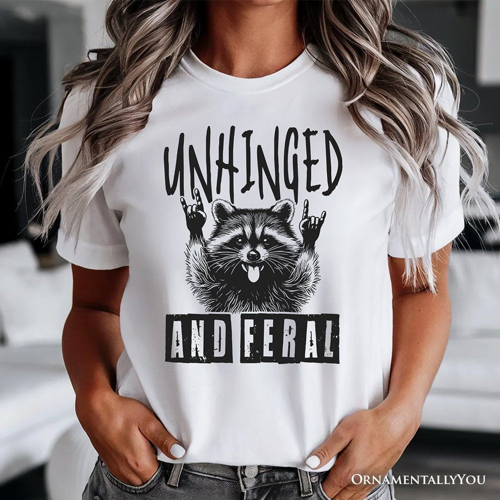 Unhinged and Feral Raccoon T-Shirt, Funny Rock Hands White and Natural Tee for Wild People