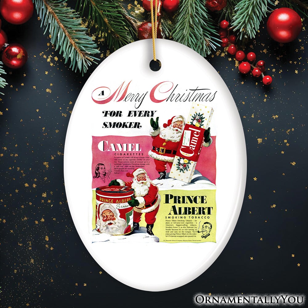 Vintage Christmas Smoking Advertisement Ceramic Ornament, 1940s Camel Cigarette Retro Collectible