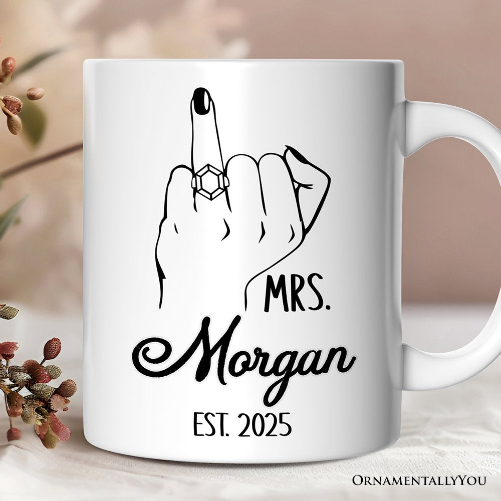 Wedding Ring Finger Mrs Personalized Mug, Married Engaged Gift For Women With Custom Name