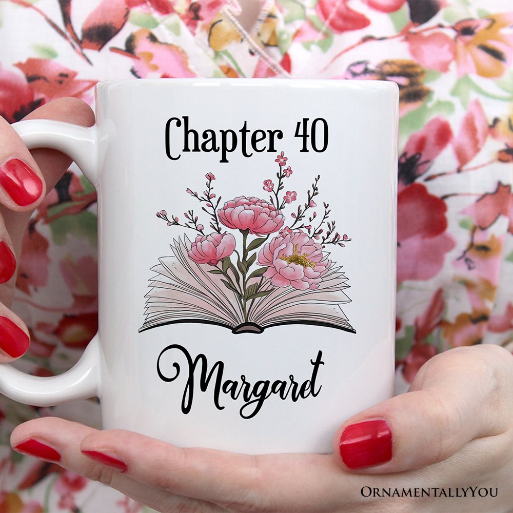 40th Birthday Pink Flowers Book Personalized Mug, Chapter 40 Gift With Custom Name