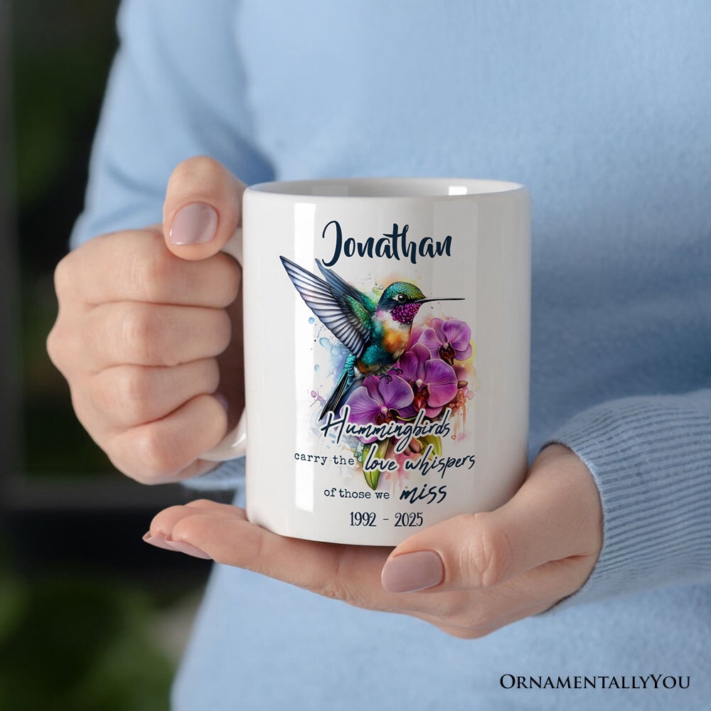 Artistic Hummingbirds Carry the Love Whispers Quote Personalized Mug, Memorial Gift With Custom Name