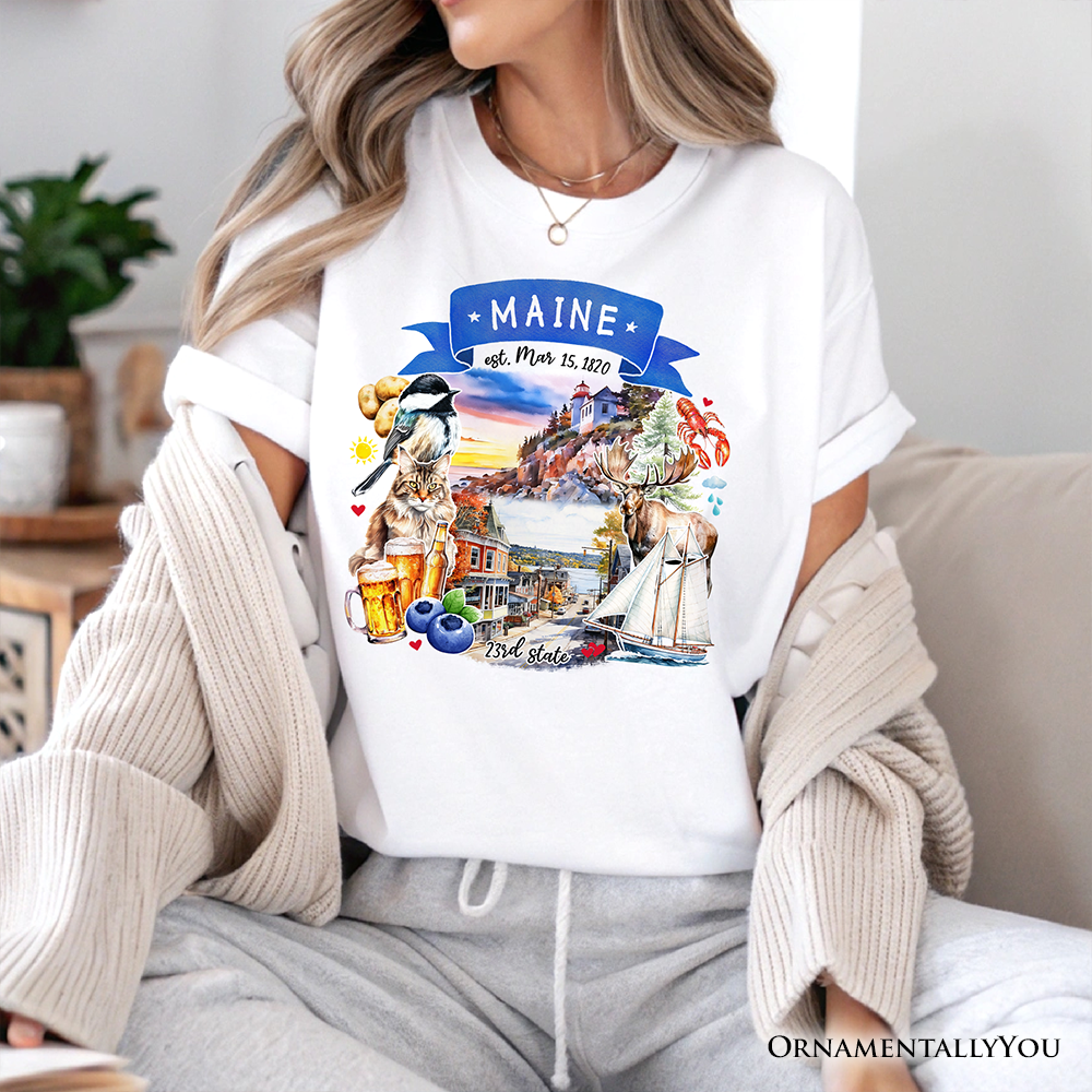 Artistic Maine State Themes and Landmarks T-Shirt, Tee for History and Travel Lovers