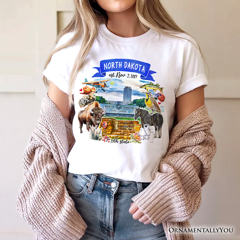 Artistic North Dakota State Themes and Landmarks T-Shirt, Tee for History and Travel Lovers