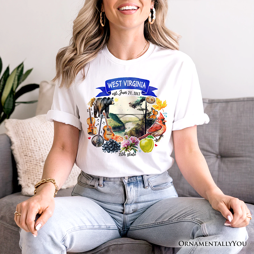 Artistic West Virginia State Themes and Landmarks T-Shirt, Tee for History and Travel Lovers