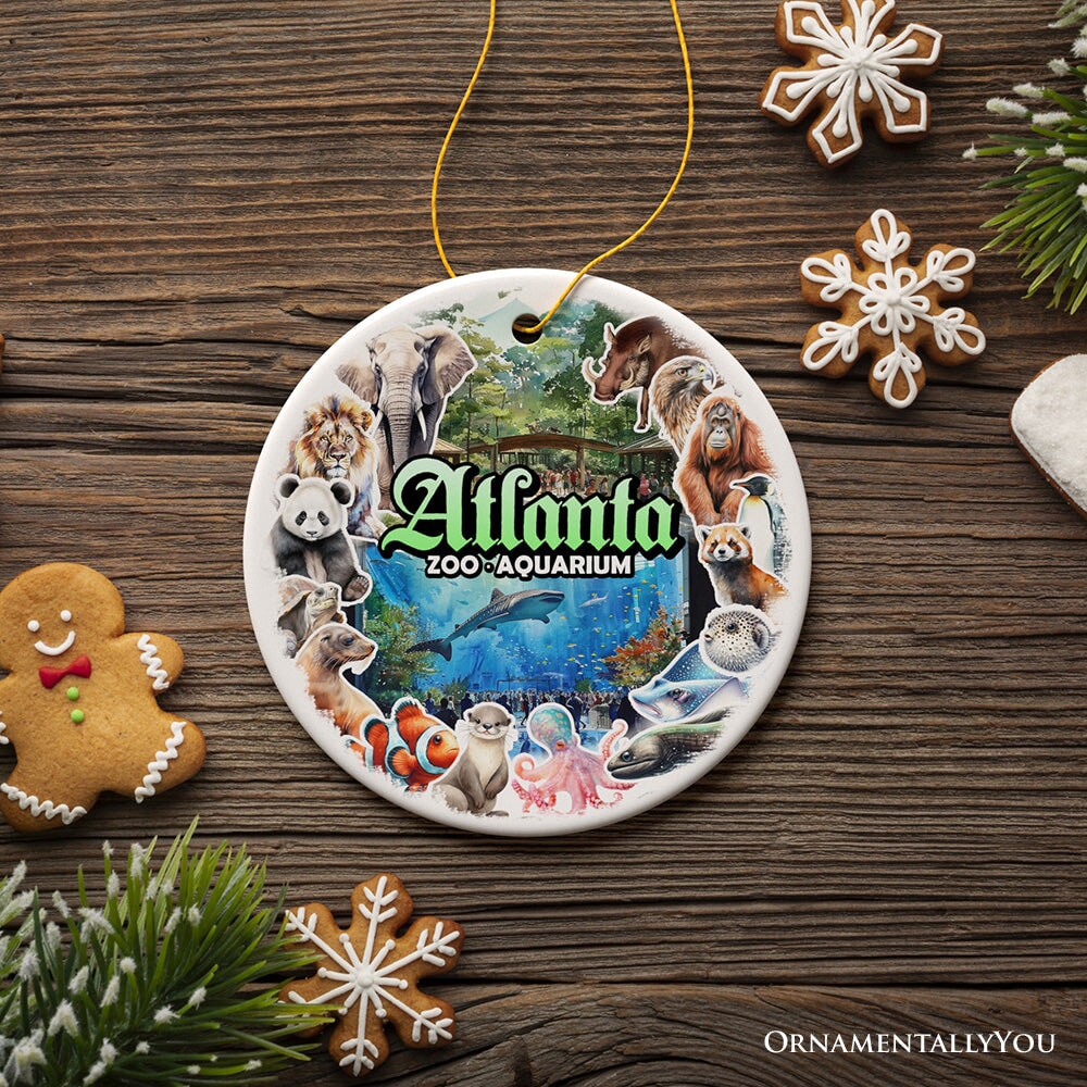 Atlanta Georgia Aquarium and Zoo Watercolor Art Ornament, City Souvenir Gift with Animals and Sea Creatures