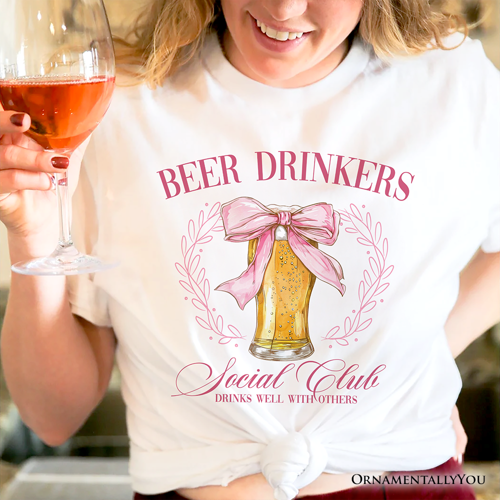 Beer Drinkers Social Club T-Shirt, Coquette Pink Bow Tee for Girly Summer Bachelorette Vibes