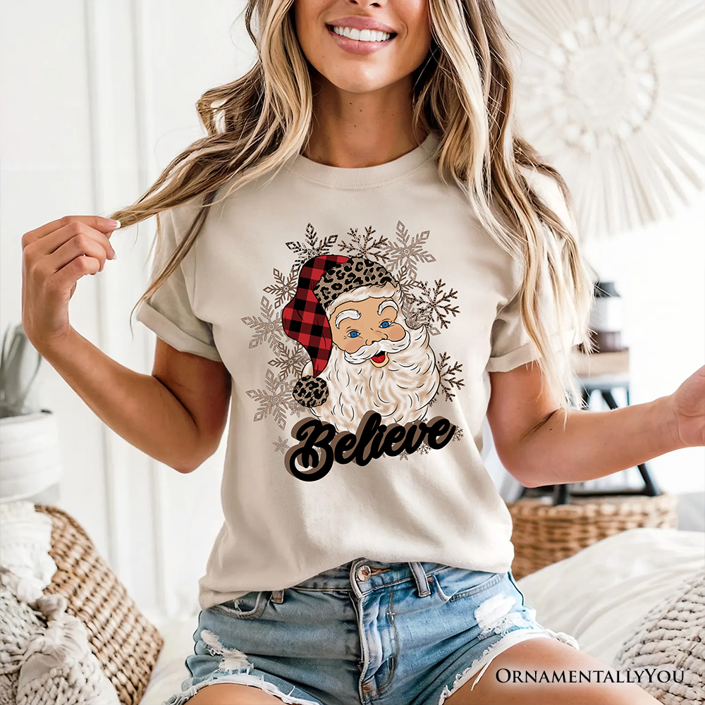 Believe Santa Buffalo Plaid T‑Shirt, Retro Christmas Tee