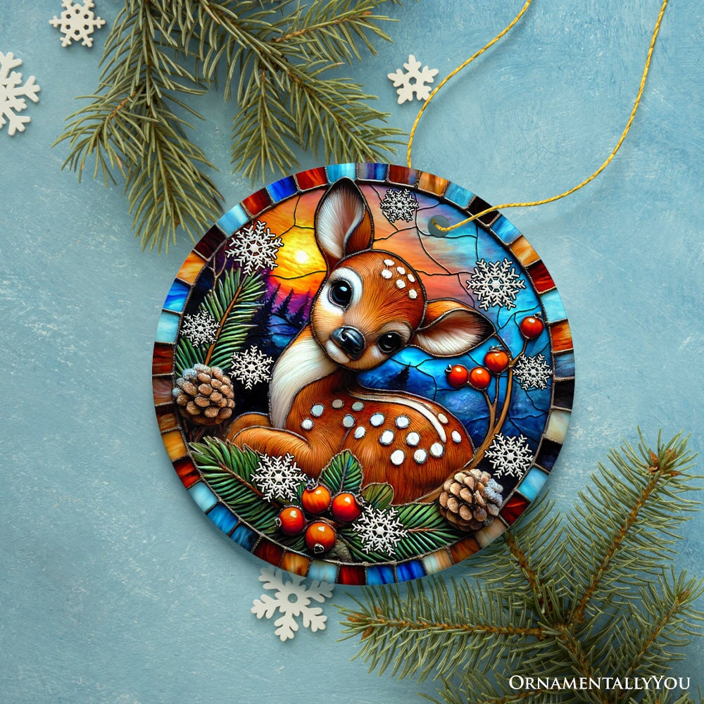 Charming Fawn in Snowy Sunset Ornament, Delightful Woodland Scene for Christmas Decor