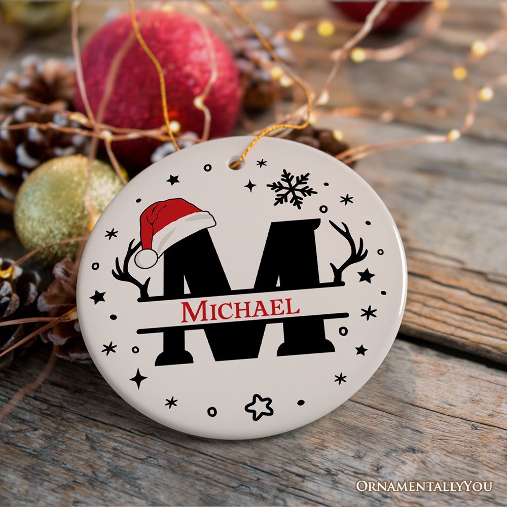 Christmas Split Monogram Alphabet with Antler and Santa Hat Personalized Ornament, Custom Name