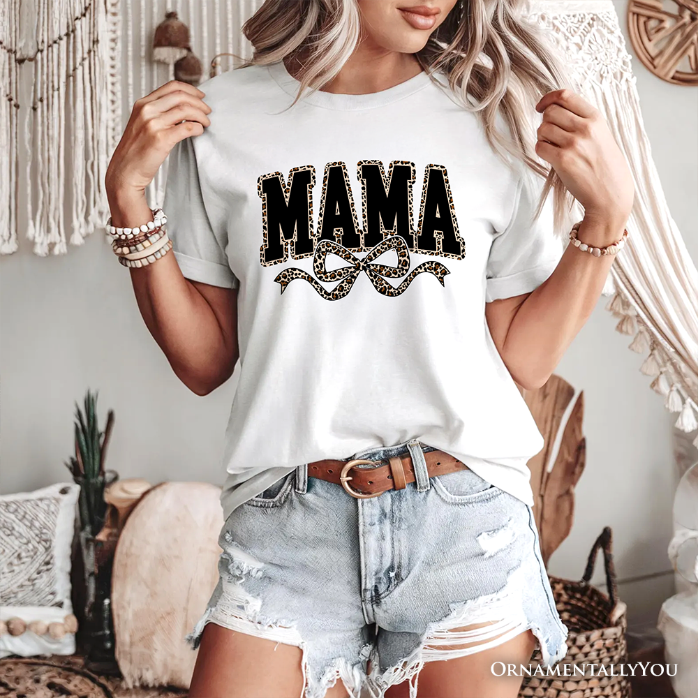 Coquette Leopard Mama T-Shirt, Retro Bow Varsity Tee for Trendy Moms
