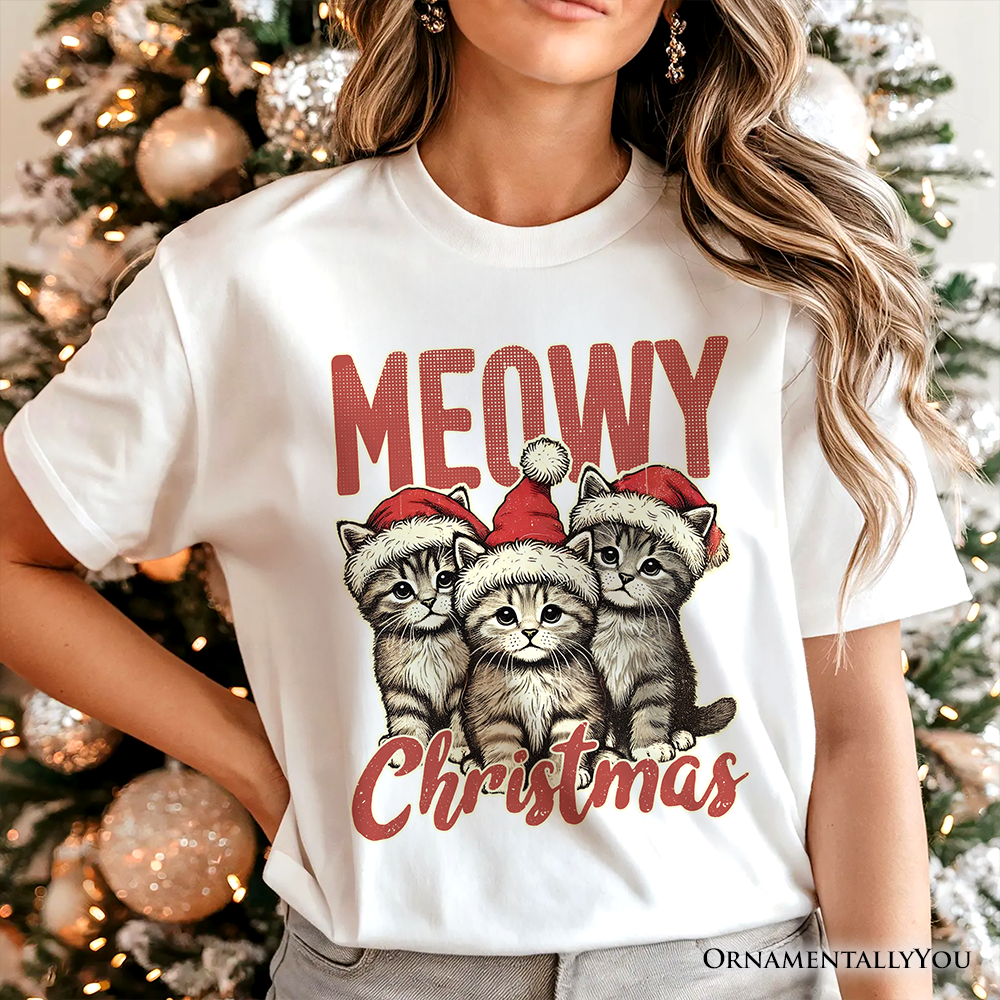 Cute Meowy Christmas T-Shirt, Baby Cat In Santa Hat Holiday Tee
