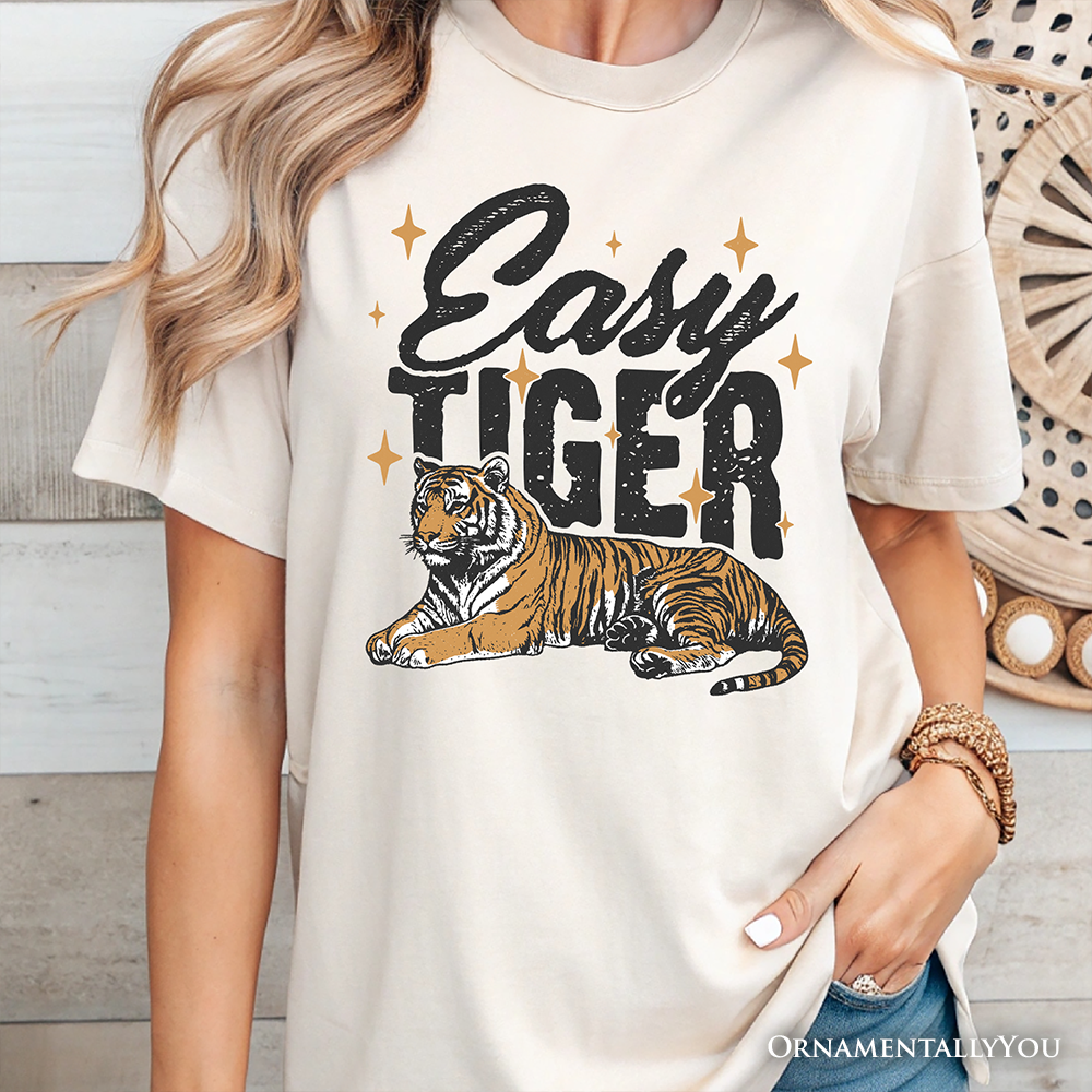 Easy Tiger Retro Grunge T-Shirt, Vintage White and Natural Tee With Wild Animal