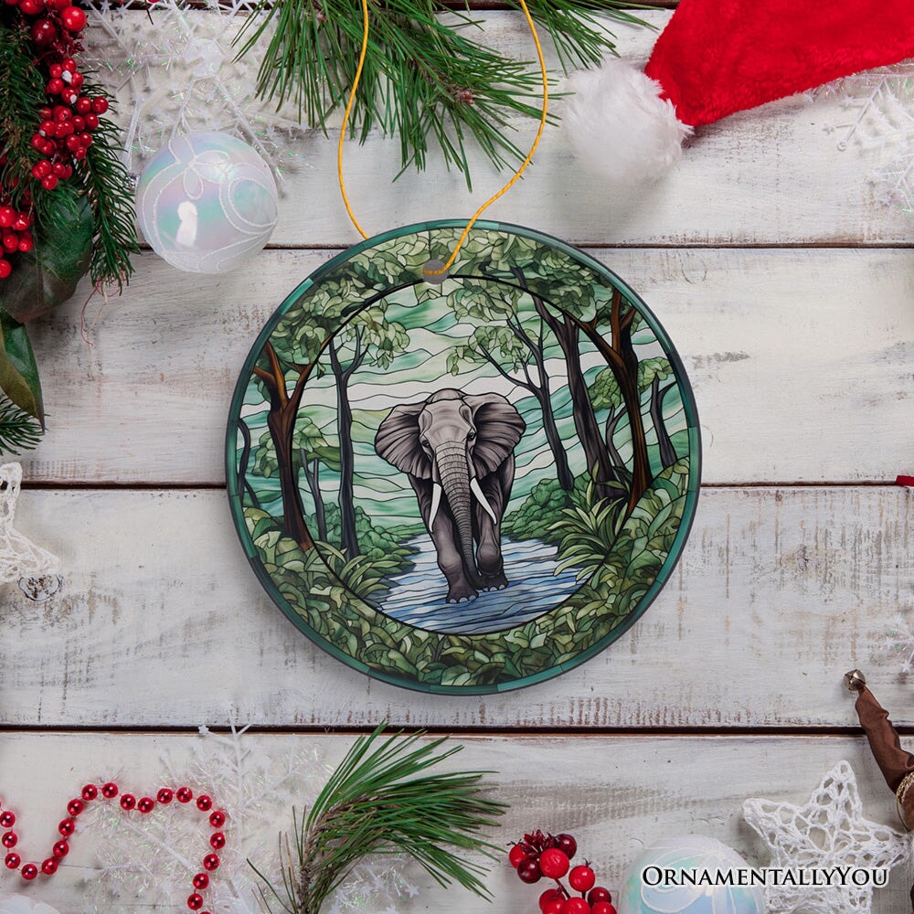 Elephant Elegance Stained Glass Style Ceramic Ornament, African Animals Christmas Gift and Decor